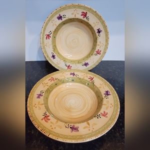 Bella Ceramica PASTIS set of 2 Hand Painted Floral Vines on a green & tan Rim
